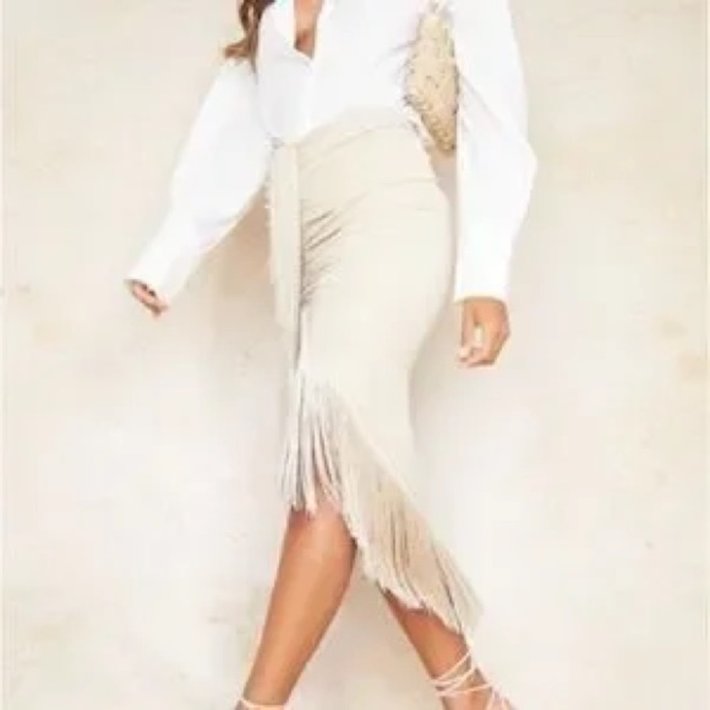 PrettyLittleThing Cream midi tassel midi skirt